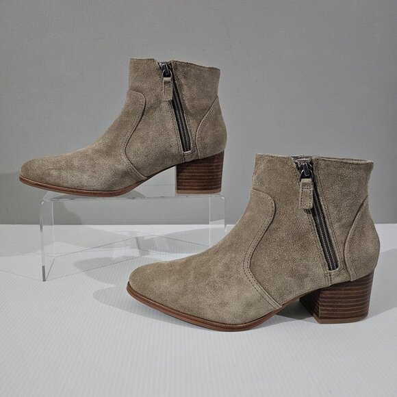 Johnston & Murphy Trista Ankle Bootie Womens 7 Taupe Suede Double Zip Low Heel - Picture 2 of 16